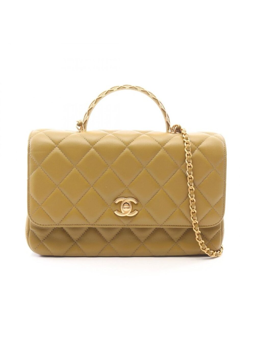 Chanel Shoulder Bag Quilted Top Handle 2-Way Olive Green Lambskin Chain